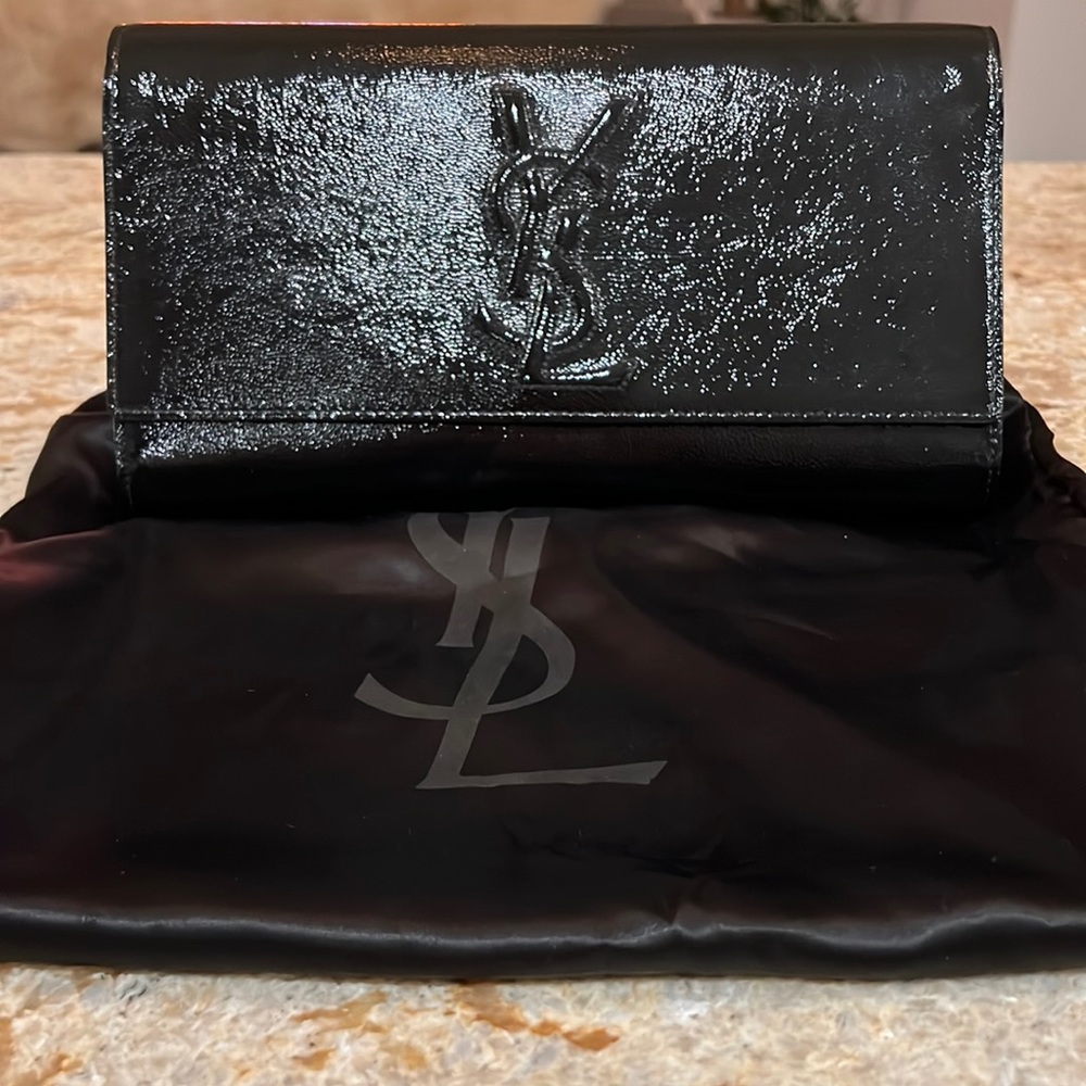 Ysl black patent leather clutch